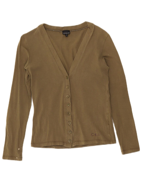 CALVIN KLEIN JEANS Pull Cardigan Femme UK 10 Petit Kaki Coton
