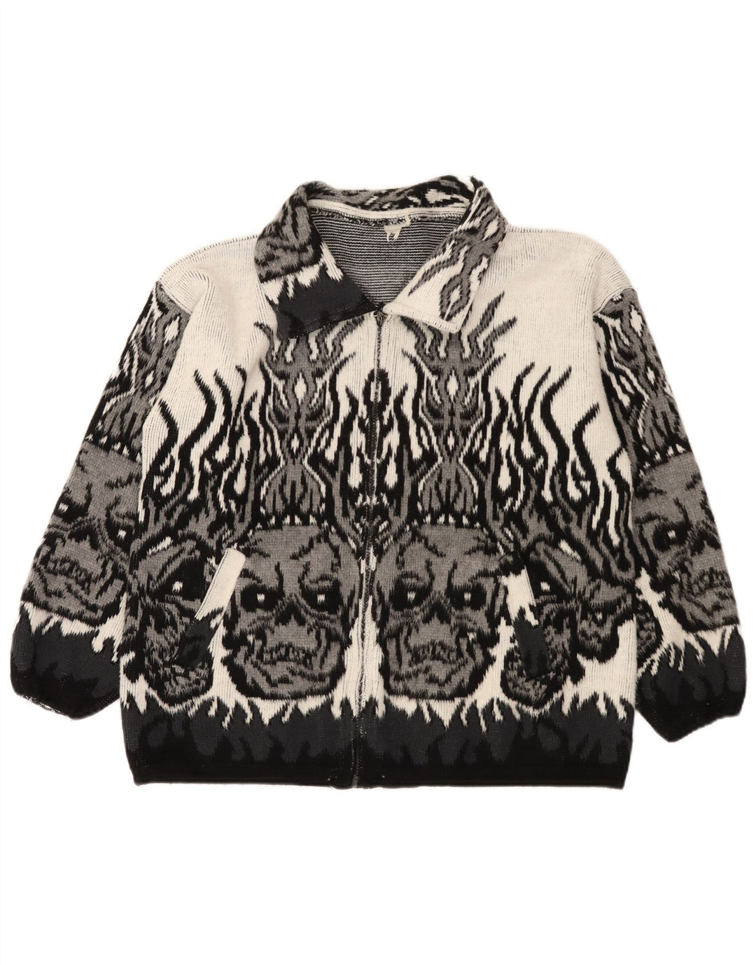 vintage Femmes Motif Abstrait Cardigan Pull UK 18 XL Gris Gothique