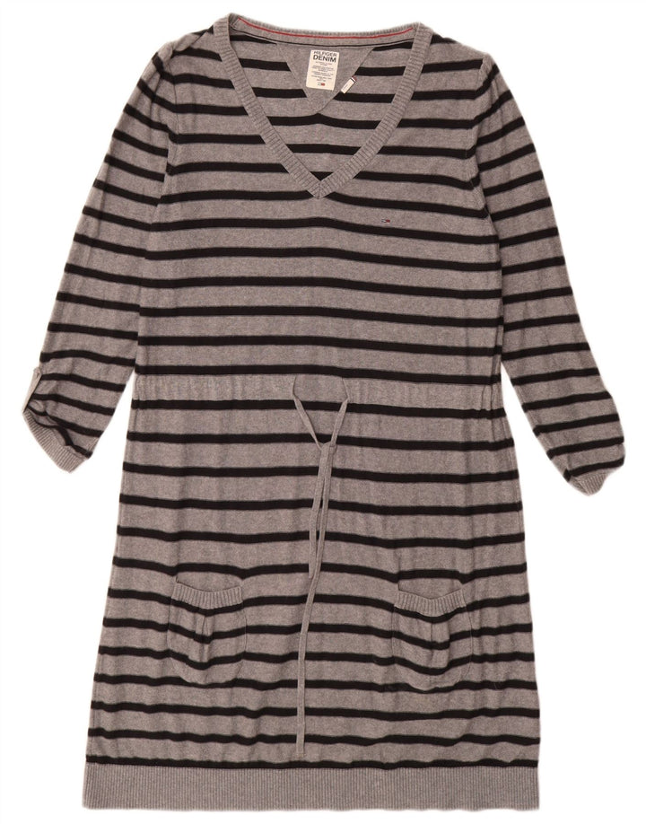 TOMMY HILFIGER Robe pull à manches 3/4 pour femme UK 14 Large Gris Rayé