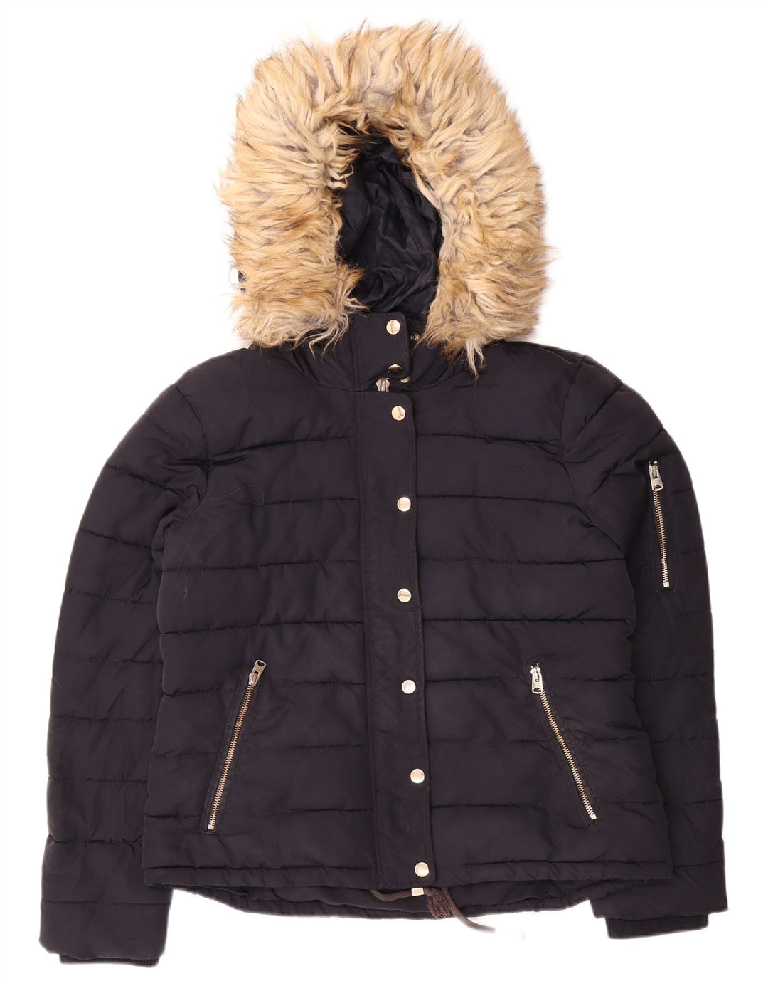 Topshop Veste courte à capuche rembourrée pour femme UK 14 Bleu marine moyen Polyester