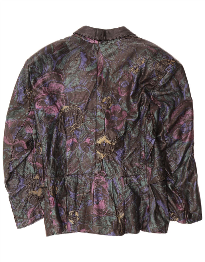 VINTAGE Veste en cuir femme UK 16 Grand cuir floral noir