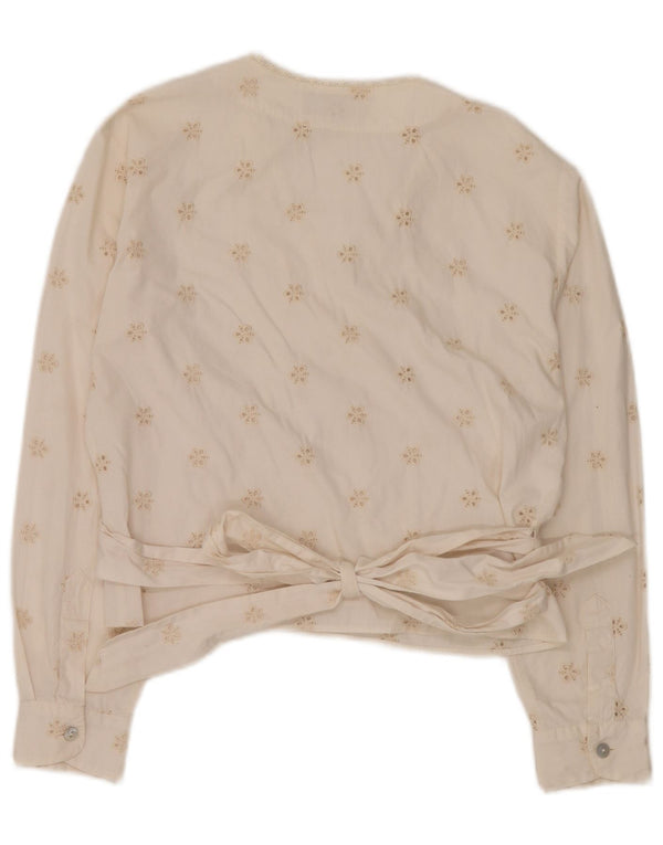 vintage Femmes Manches Longues Wrap Blouse Top IT 46 Grand Coton Floral Blanc