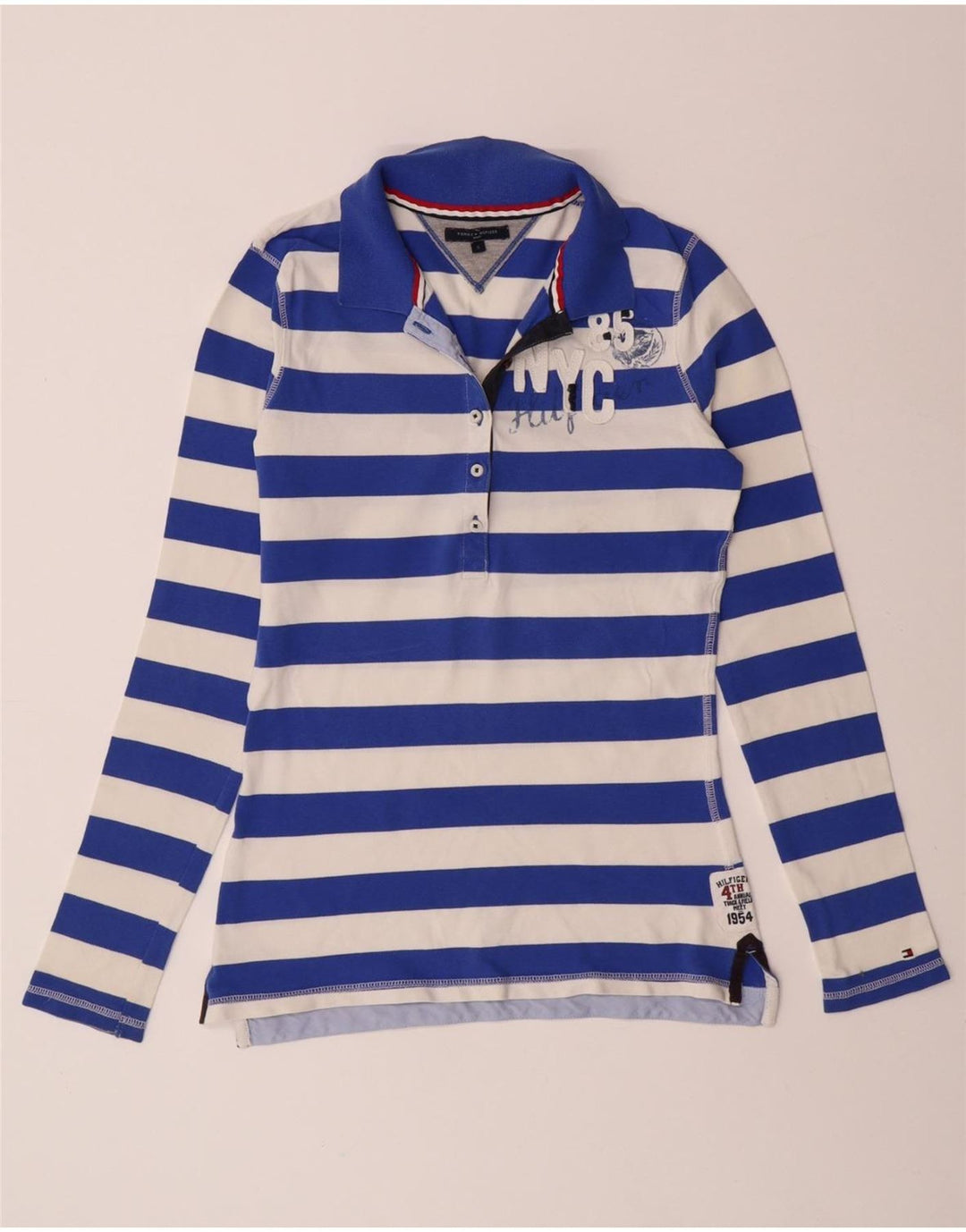 TOMMY HILFIGER Polo de rugby graphique pour femme UK 10 Petit bleu rayé