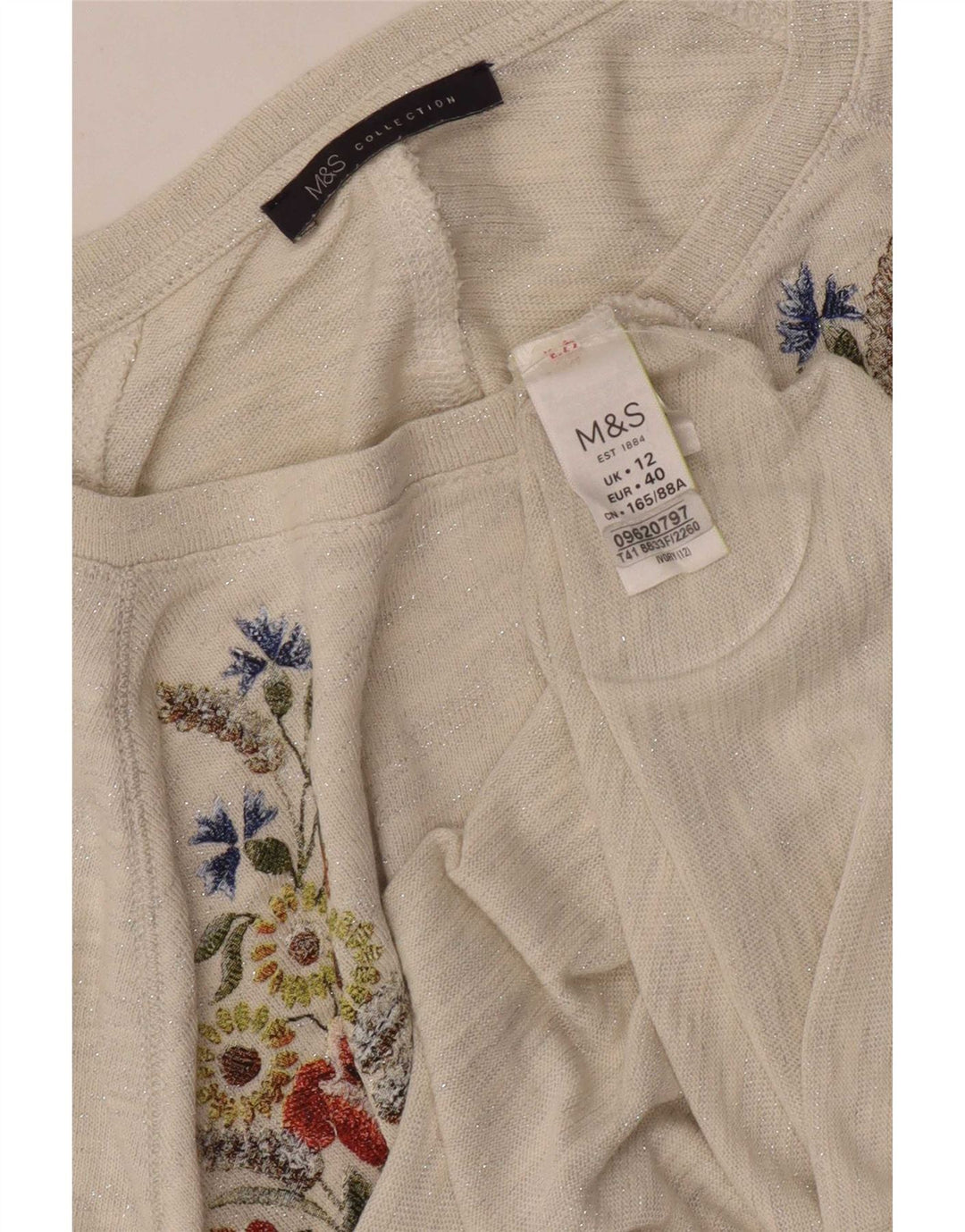 Marks & Spencer Haut graphique pour femme à manches 3/4 UK 12 Medium Off White Floral