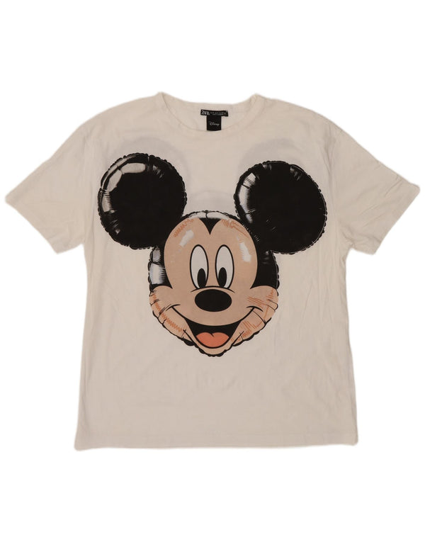 Zara Womens Mickey Mouse Graphic T-Shirt Top UK 14 Coton Blanc Moyen