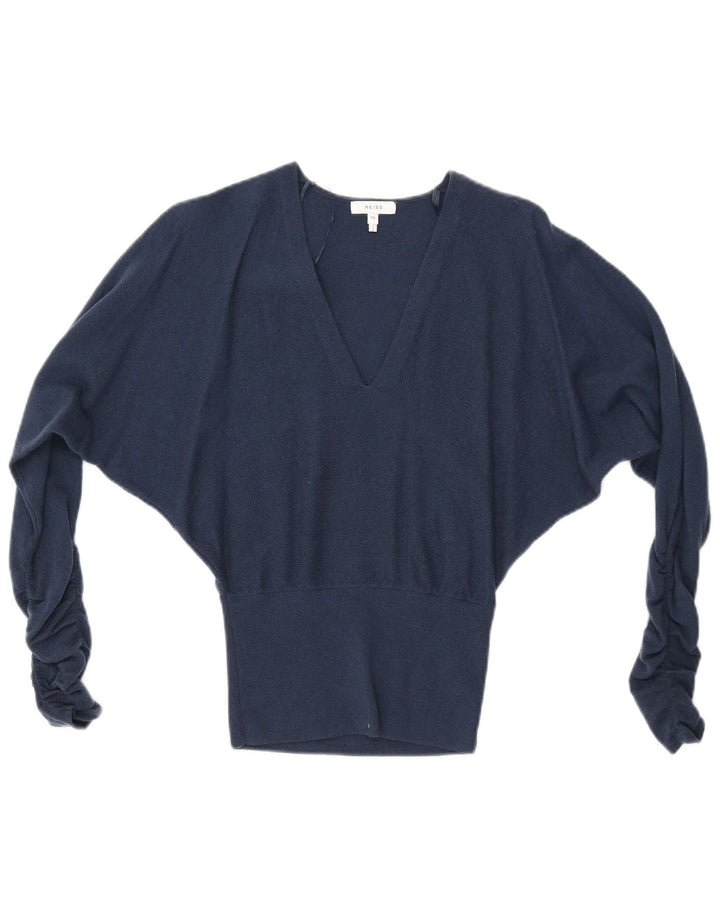 REISS Femme Batwing Col V Pull UK 6 XS Bleu Marine Laine