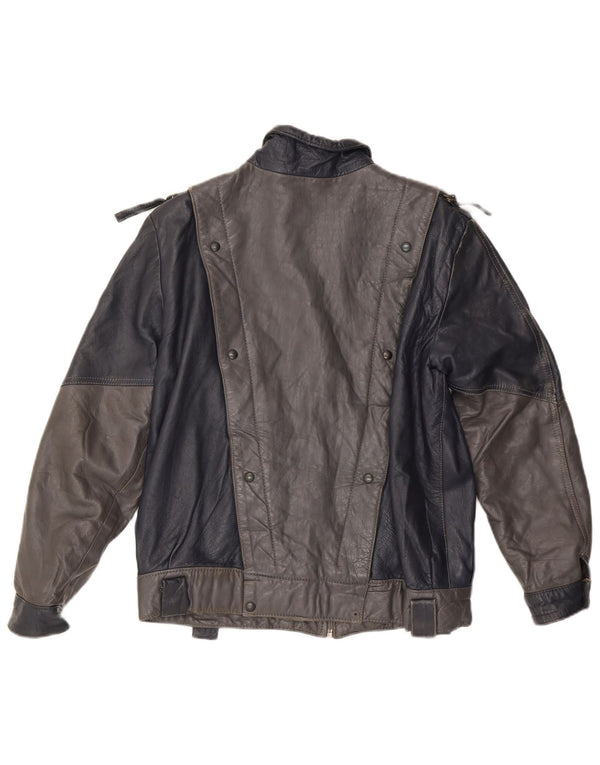 VINTAGE Veste en cuir femme UK 14 Medium Grey Colourblock