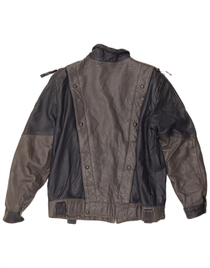 VINTAGE Veste en cuir femme UK 14 Medium Grey Colourblock