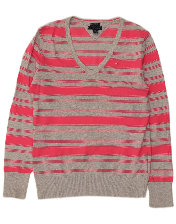 TOMMY HILFIGER Pull col en V pour femme UK 12 Rose moyen rayé