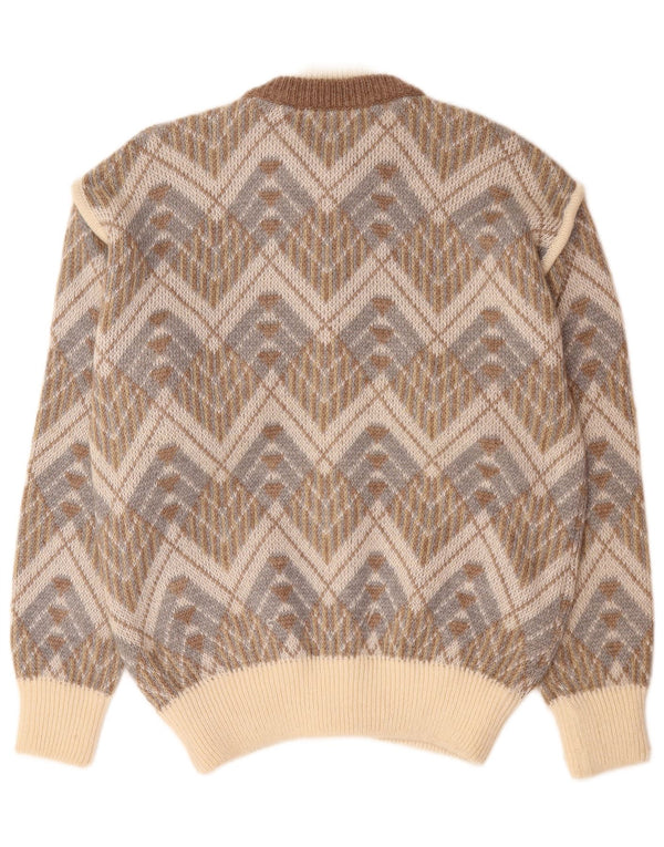 vintage Mens Cardigan Pull Grand Beige Géométrique