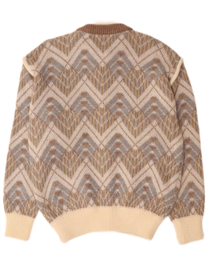 vintage Mens Cardigan Pull Grand Beige Géométrique