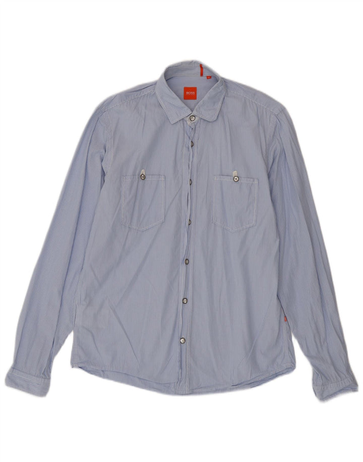 Hugo Boss Chemise en coton à fines rayures bleu moyen