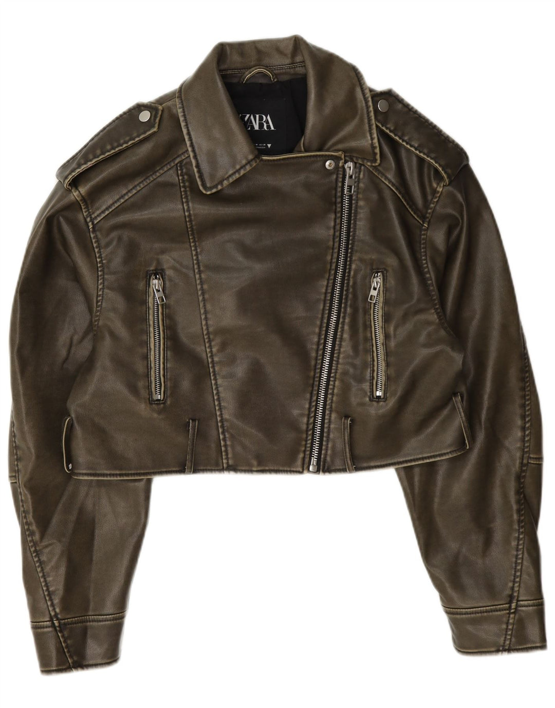 Zara Veste de motard courte en similicuir pour femme UK 14 Kaki moyen Polyester