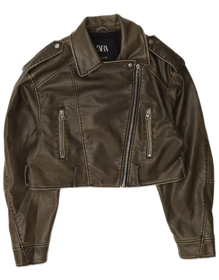 Zara Veste de motard courte en similicuir pour femme UK 14 Kaki moyen Polyester