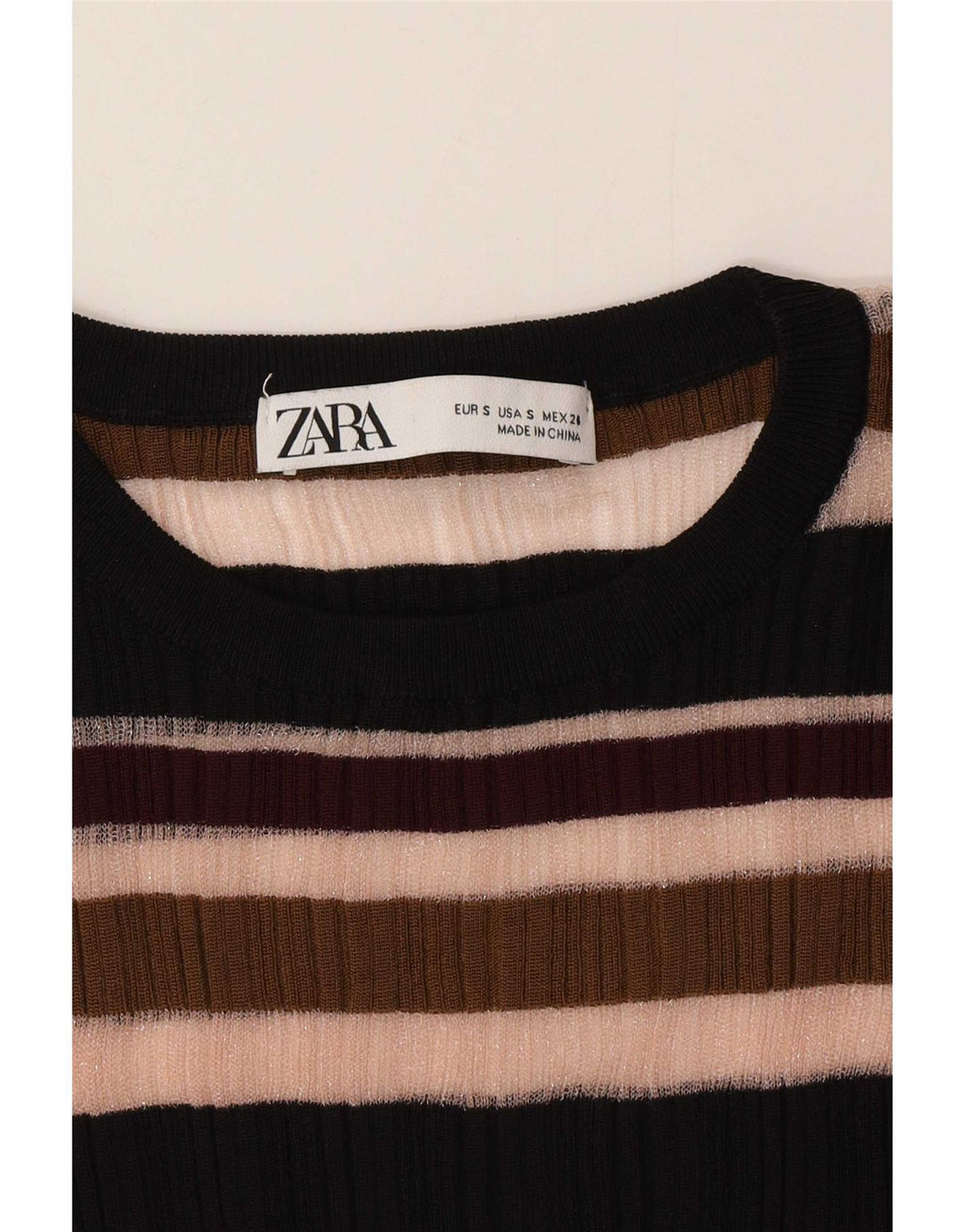 Zara Womens See Through Top Manches Longues UK 8 Petit Rayé Multicolore