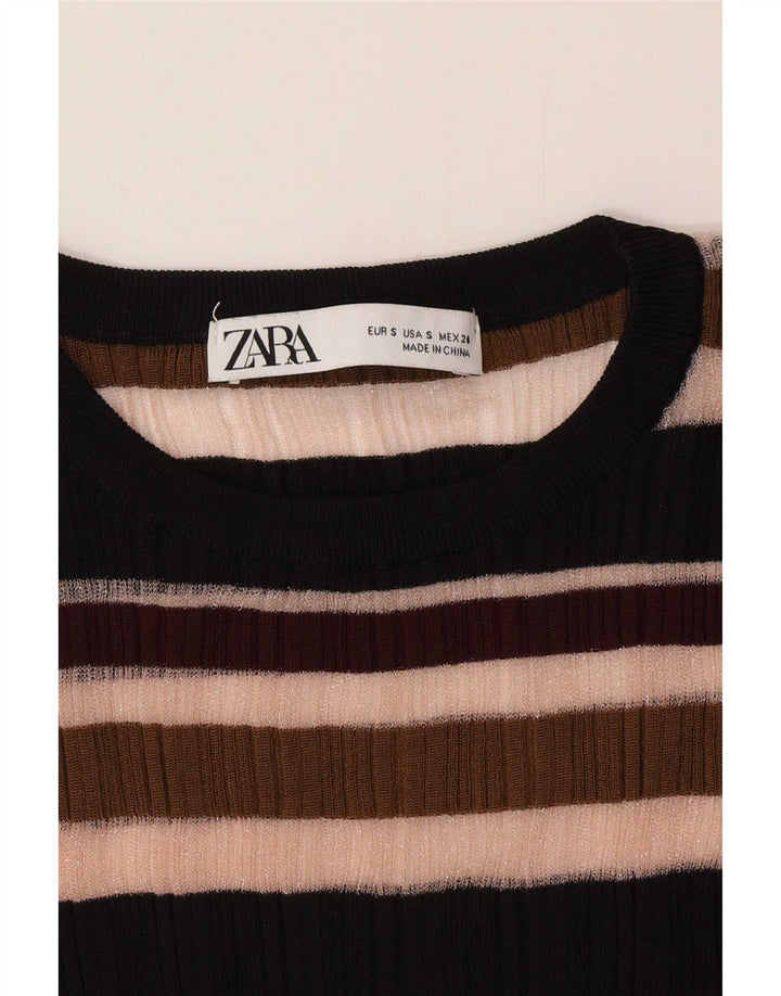 Zara Womens See Through Top Manches Longues UK 8 Petit Rayé Multicolore