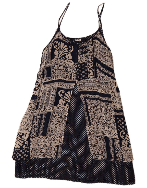 vintage Womens Sundress UK 14 Grande Rayonne Patchwork Bleu Marine