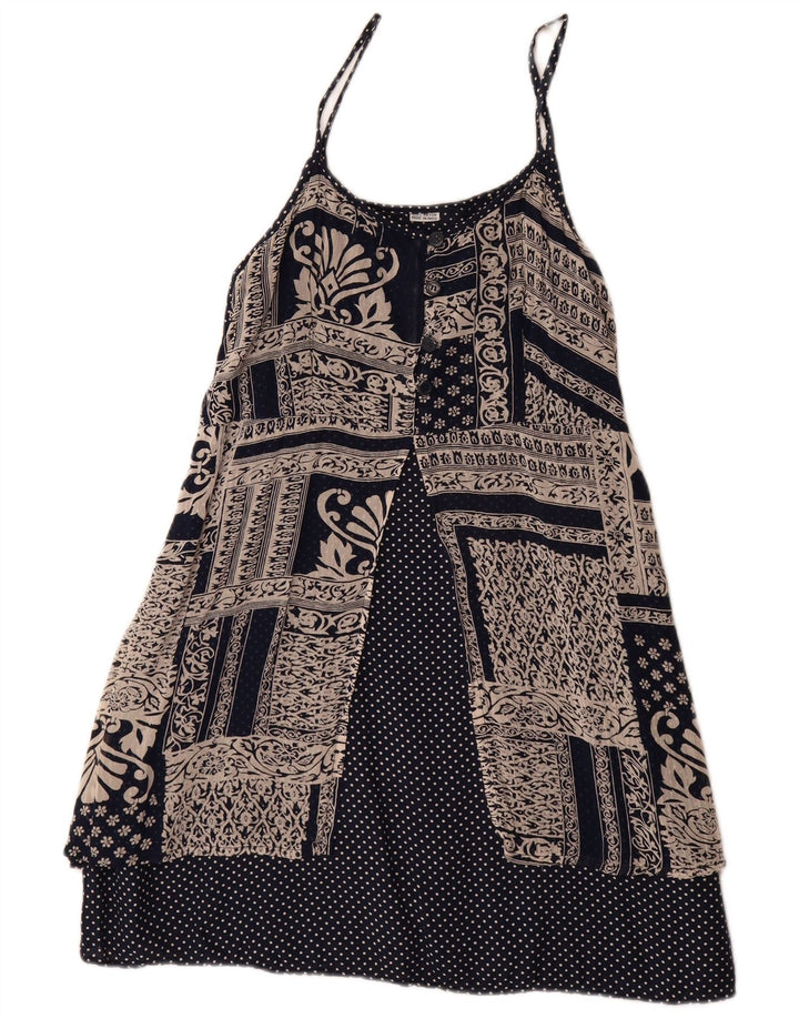 vintage Womens Sundress UK 14 Grande Rayonne Patchwork Bleu Marine