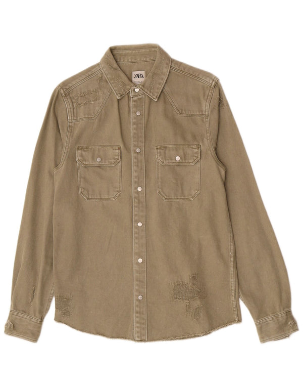 Zara Chemise en jean coupe décontractée en détresse pour homme Petit coton kaki
