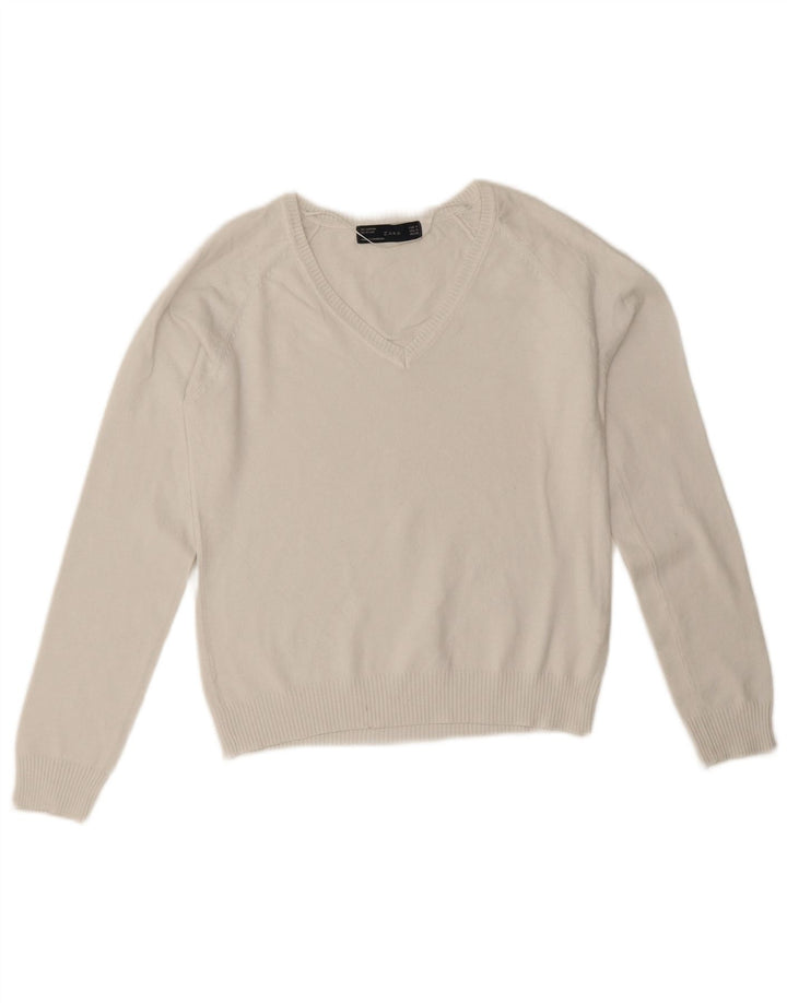 Zara Pull col V pour femme UK 12 en coton blanc moyen