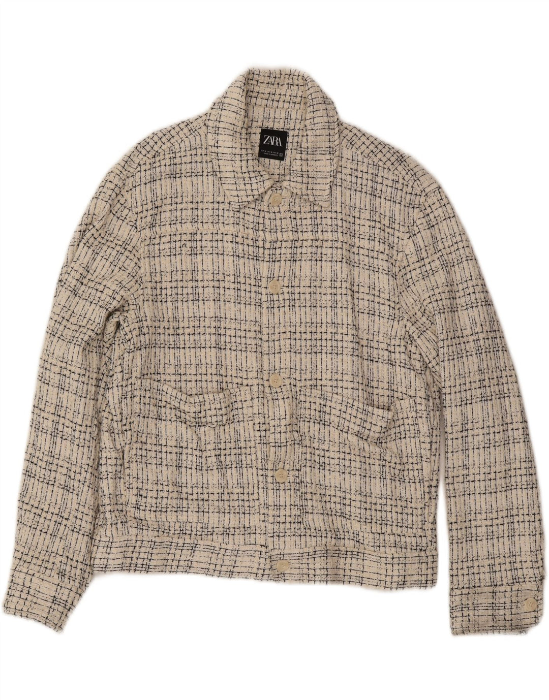 Zara Mens Bomber Jacket UK 38 Medium Off White Check Coton