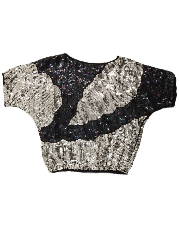 vintage Femmes Soirée Sequin Blouse Top UK 10 Petit Multicolore