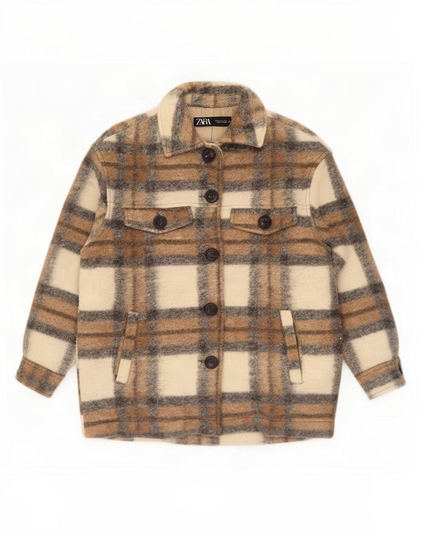 Zara Veste utilitaire surdimensionnée pour femme UK 14 Polyester à carreaux beige moyen