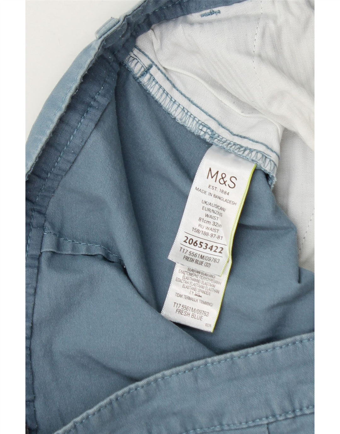 Marks & Spencer Short Chino Homme W32 Bleu Moyen Coton