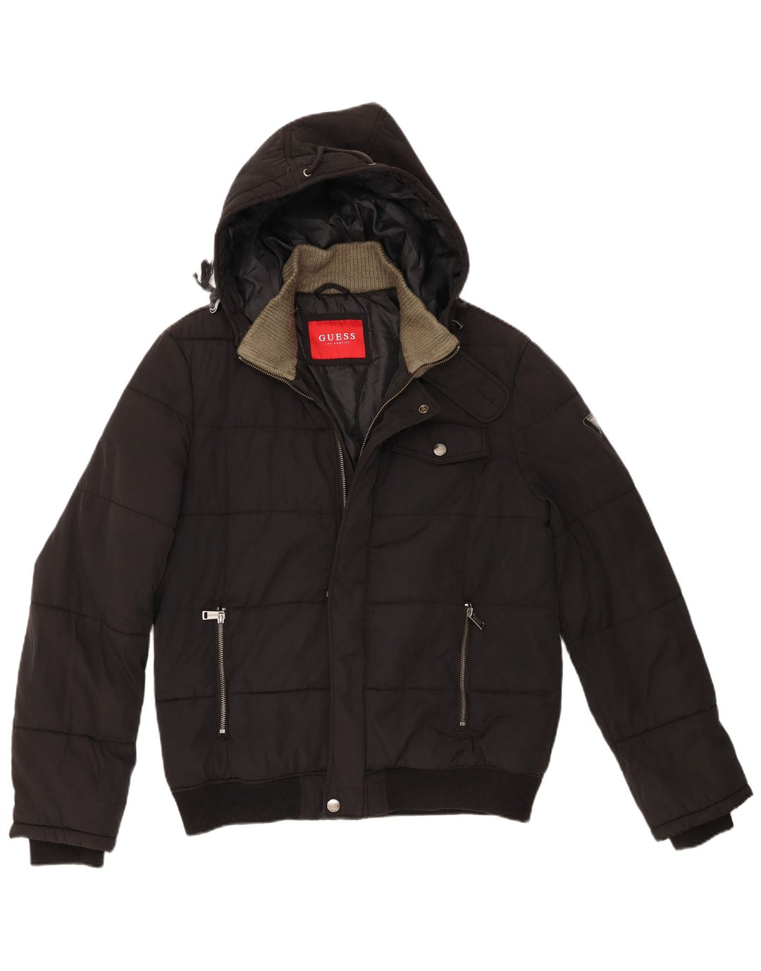 Guess Veste matelassée à capuche pour hommes UK 40 Large Noir Polyamide