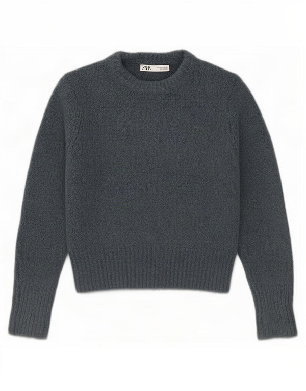 Zara Womens Crop Crew Neck Jumper Sweater UK 10 Petit Bleu Acrylique