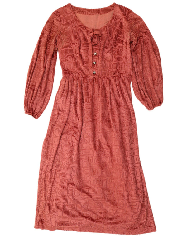 vintage Femmes Manches Longues Velours Maxi Robe UK 12 Moyen Rose Géométrique