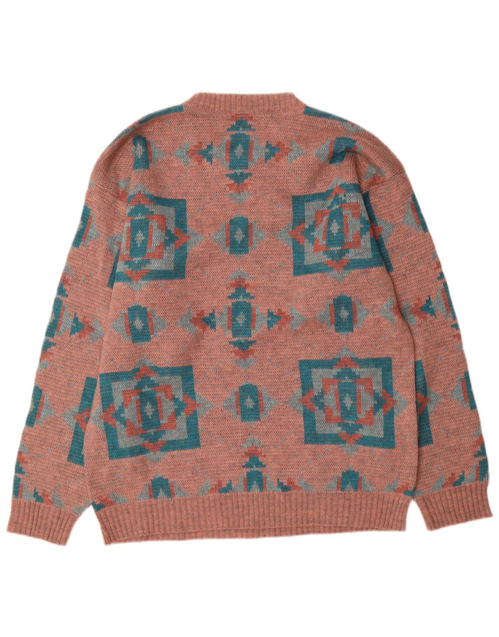 vintage Mens Crew Neck Jumper Pull Grand Rose Géométrique