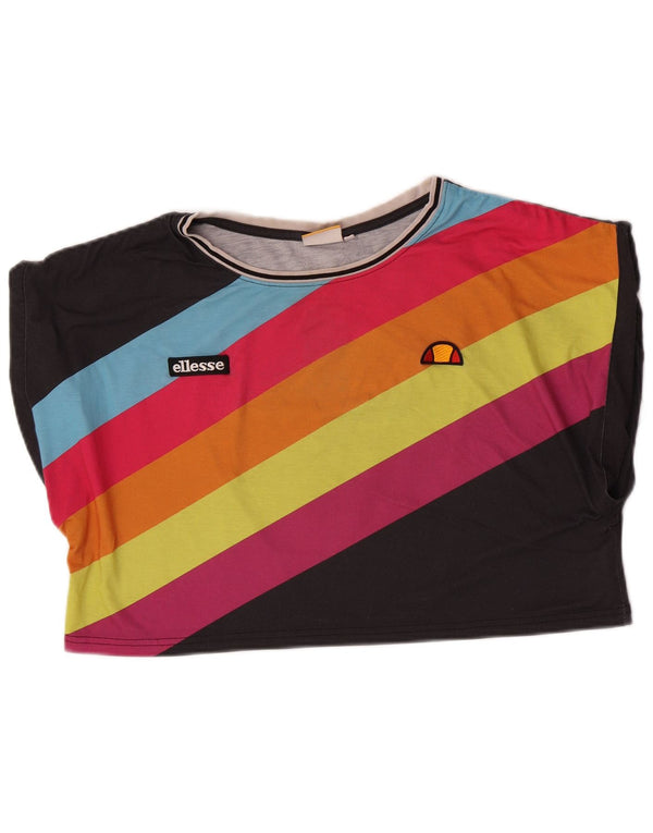 Ellesse Womens Crop Graphic T-Shirt Top UK 14 Moyen Noir Rayé
