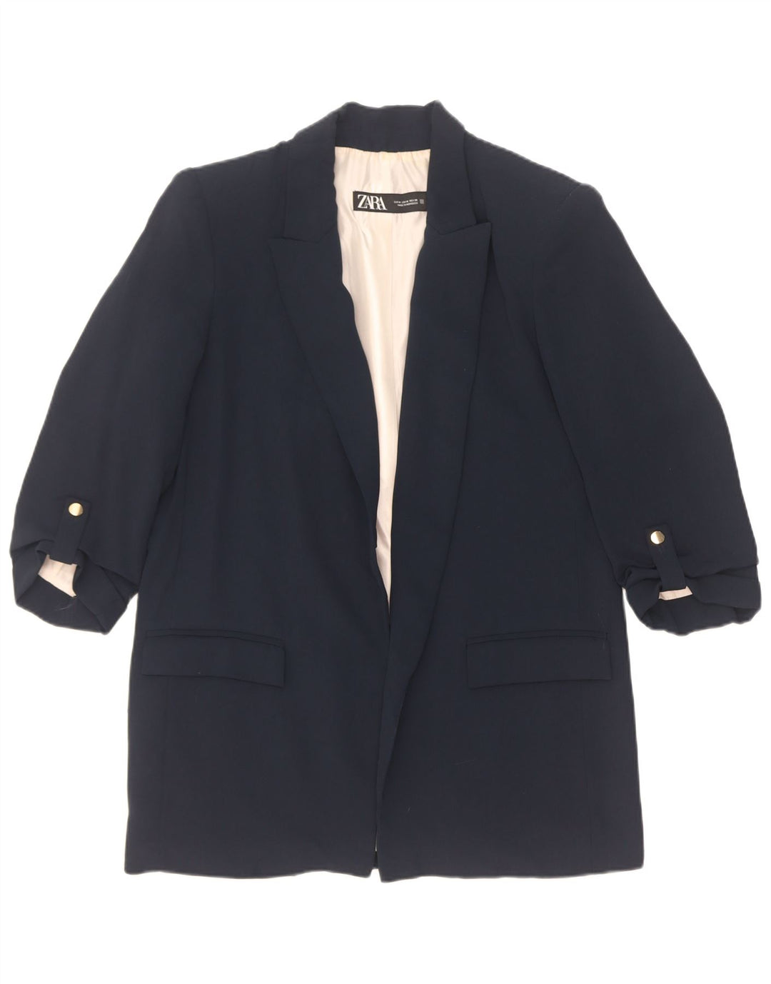 Zara Veste blazer ouverte à manches 3/4 pour femme UK 14 Bleu marine moyen Polyester