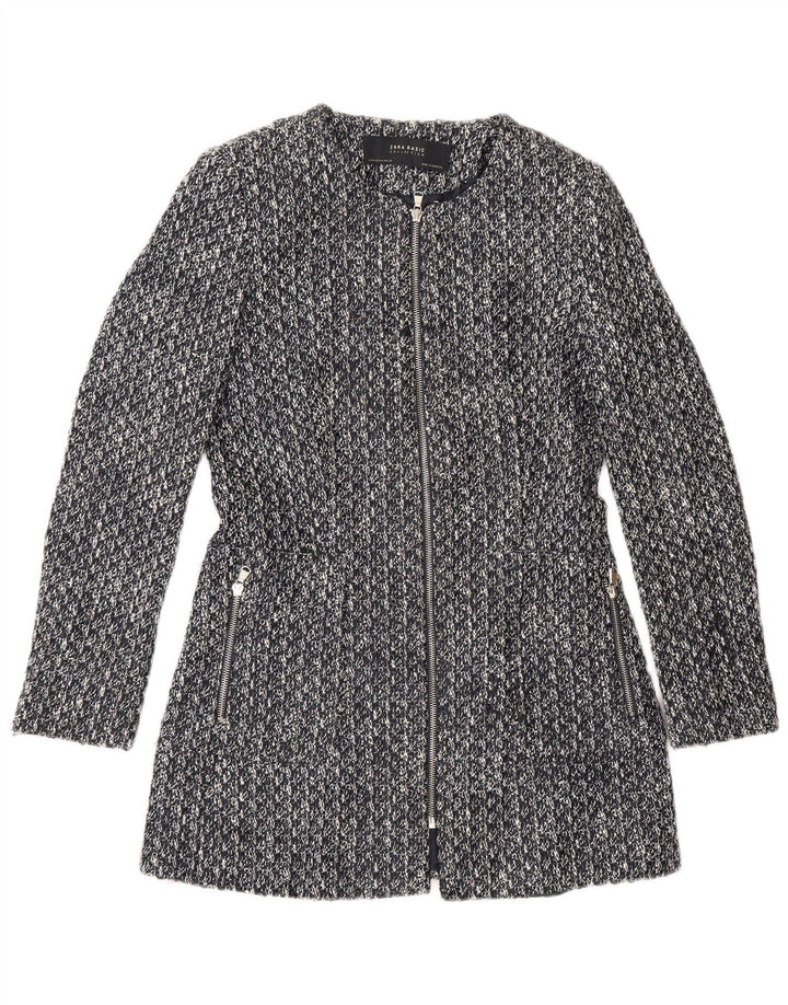 Zara Womens Full Zip Blazer Jacket UK 12 Gris Moyen Coton