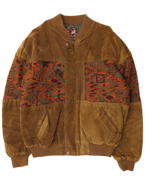 vintage Mens Suede Bomber Jacket UK 44 2XL Kaki Géométrique