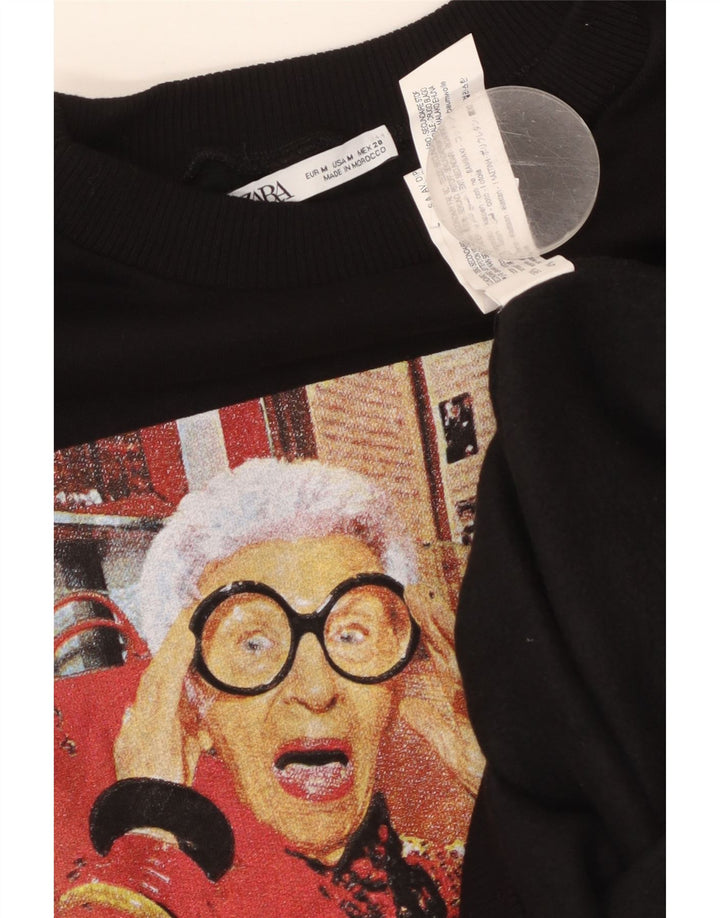 ZARA Womens Graphic Sweatshirt Jumper UK 14 Moyen Noir Coton