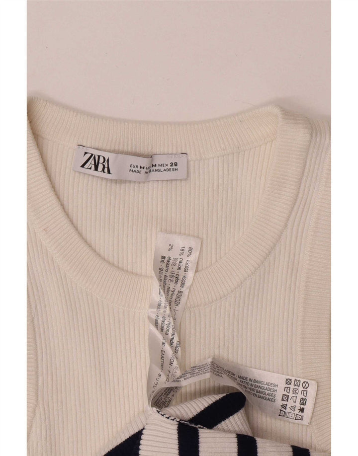 Zara Womens Crop Vest Top UK 12 Medium Blanc Rayé Viscose