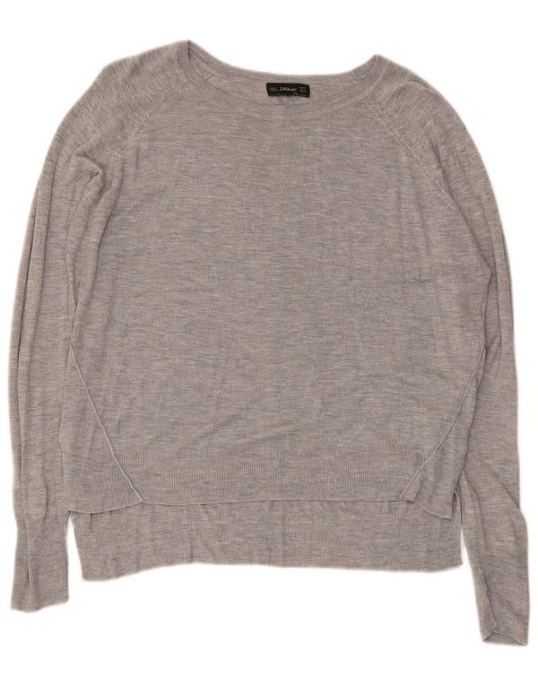 Zara Pull court à col bateau pour femme UK 14 Gris moyen