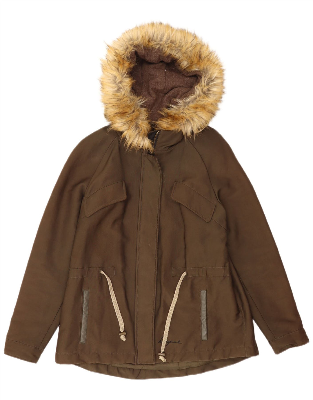 Desigual Veste Parka À Capuche Graphique Femme EU 38 Coton Kaki Moyen