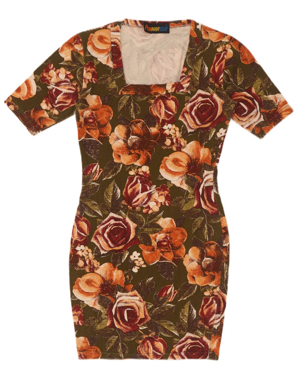 robe moulante femme vintage UK 8 Petit coton floral kaki