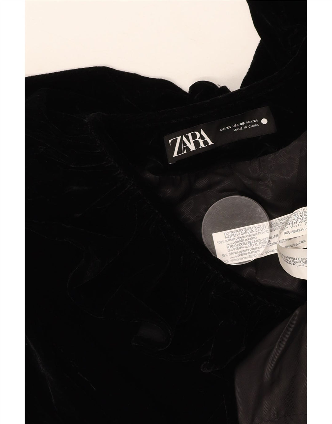 ZARA Femme Veste Blazer En Velours UK 6 XS Noir Polyester