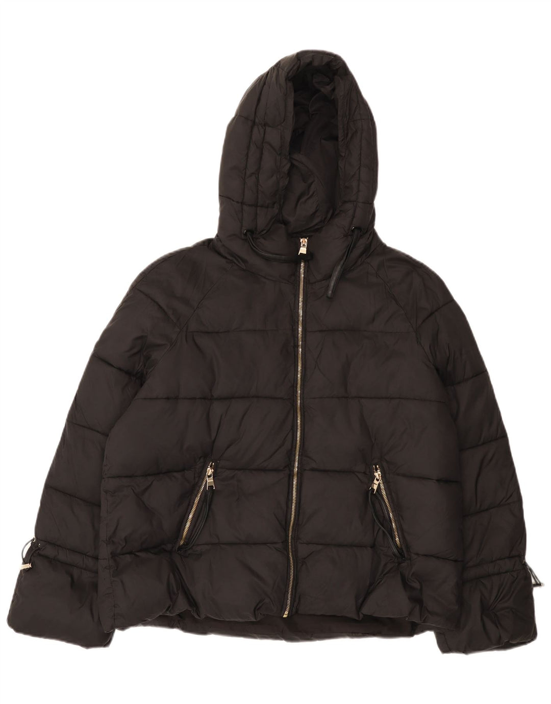 Zara Veste rembourrée à capuche pour femme UK 16 Large Nylon Noir