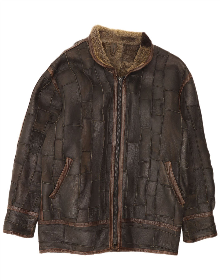 veste en peau de mouton vintage pour hommes UK 42 XL Brown Patchwork