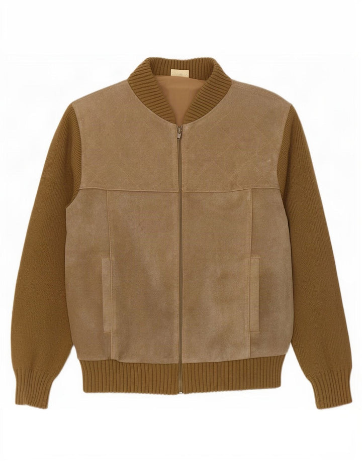 veste bomber en daim femme vintage EU 50 XL Beige Colourblock Polyacrylique