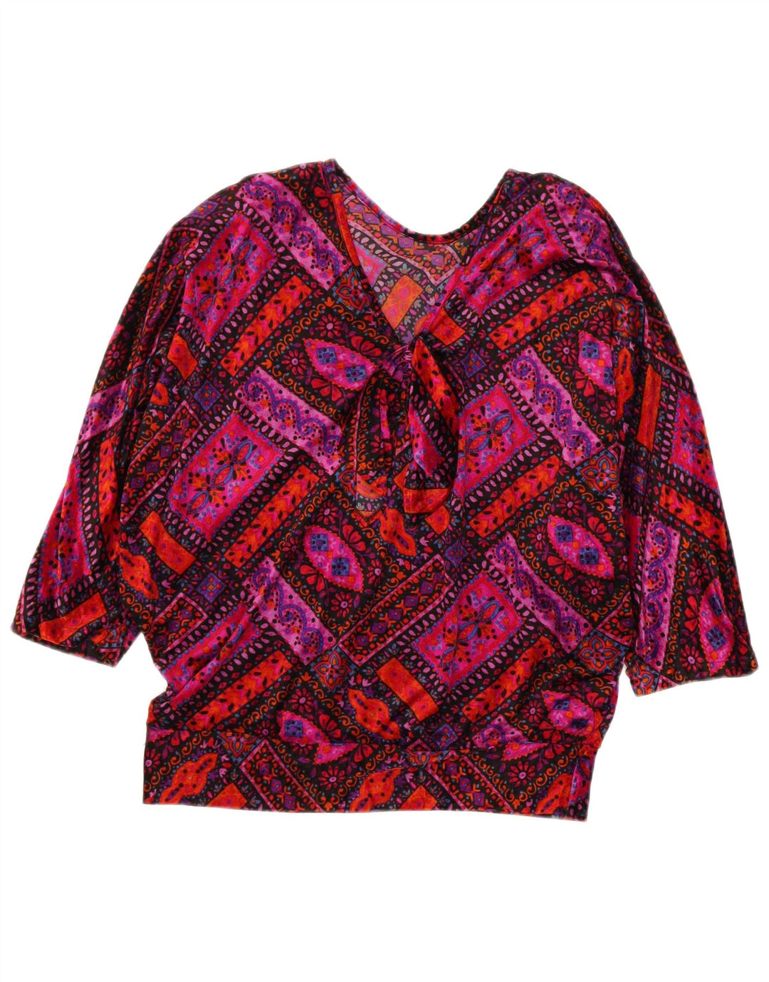 vintage Femmes 3/4 Manches Blouse Top UK 14 Moyen Multicolore Rétro