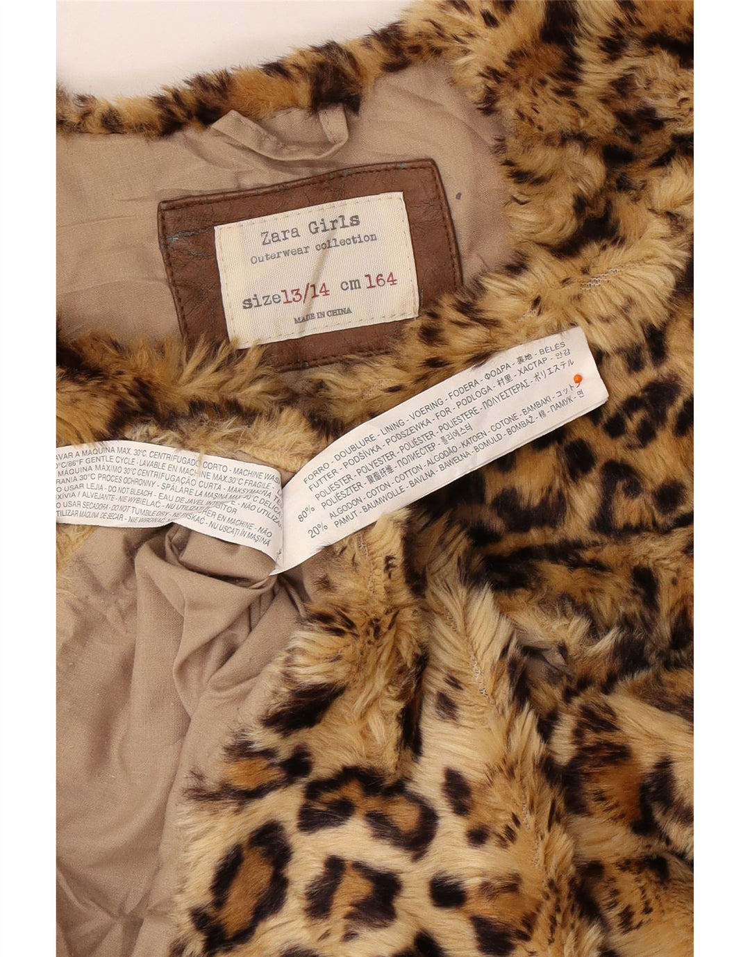 ZARA Filles Gilet En Fausse Fourrure 13-14 Ans Marron Imprimé Animal Polyester