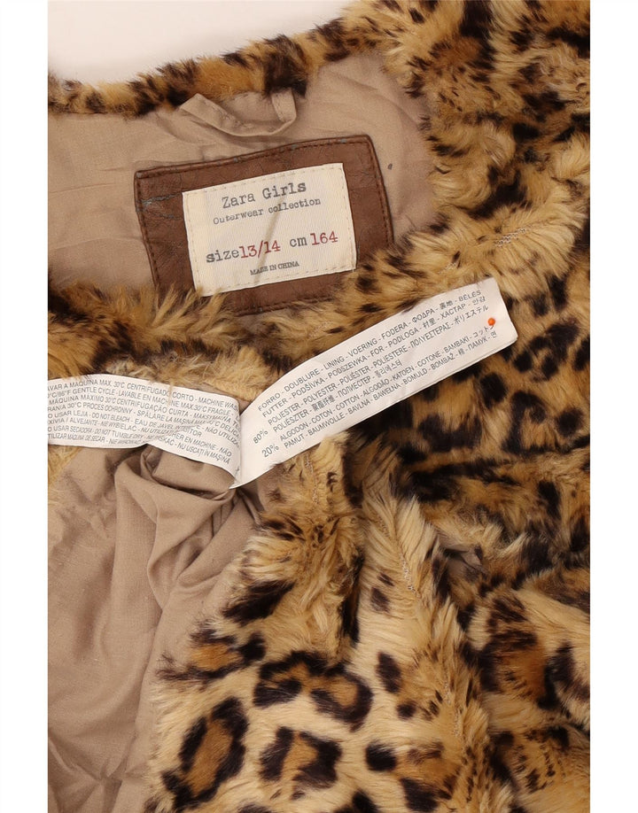 ZARA Filles Gilet En Fausse Fourrure 13-14 Ans Marron Imprimé Animal Polyester