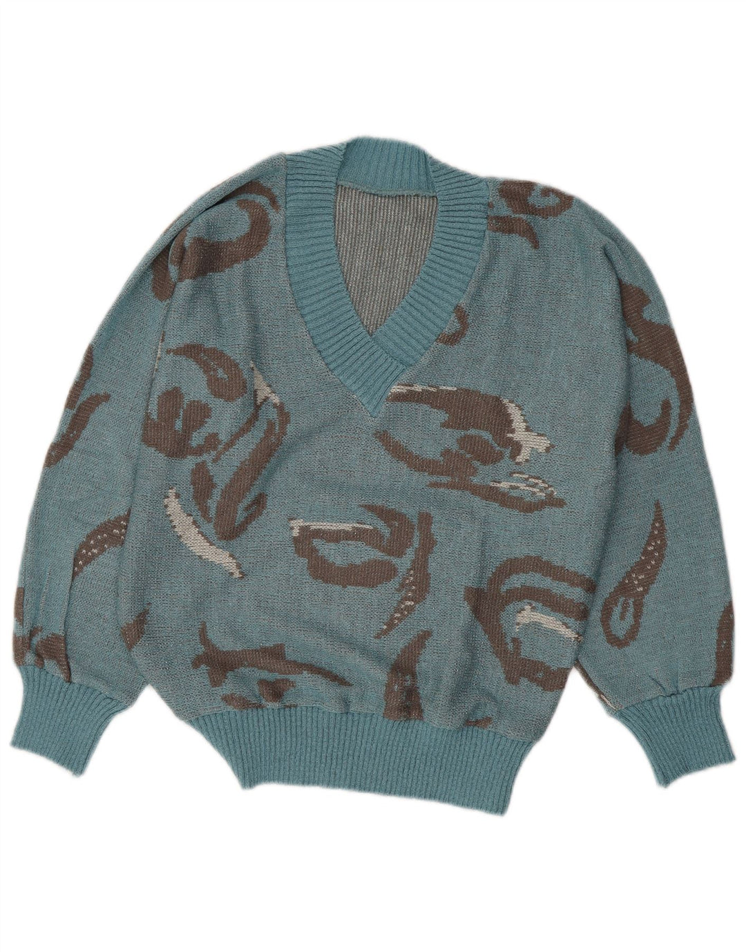 VINTAGE Femme Motif Abstrait Col V Pull Pull UK 16 Grand Bleu