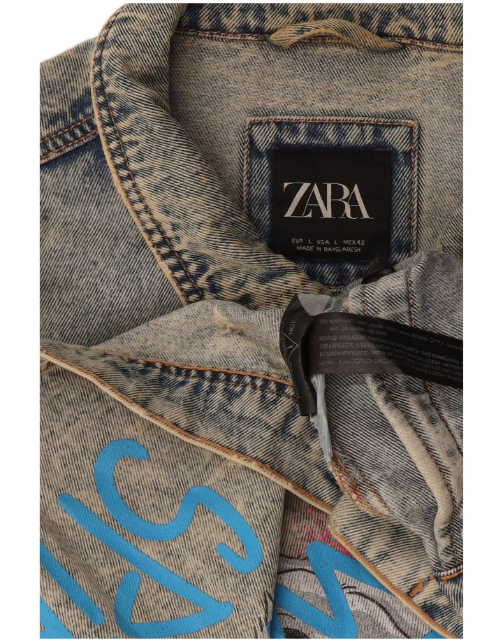 Zara Veste en jean graphique pour homme UK 40 Large Bleu Coton